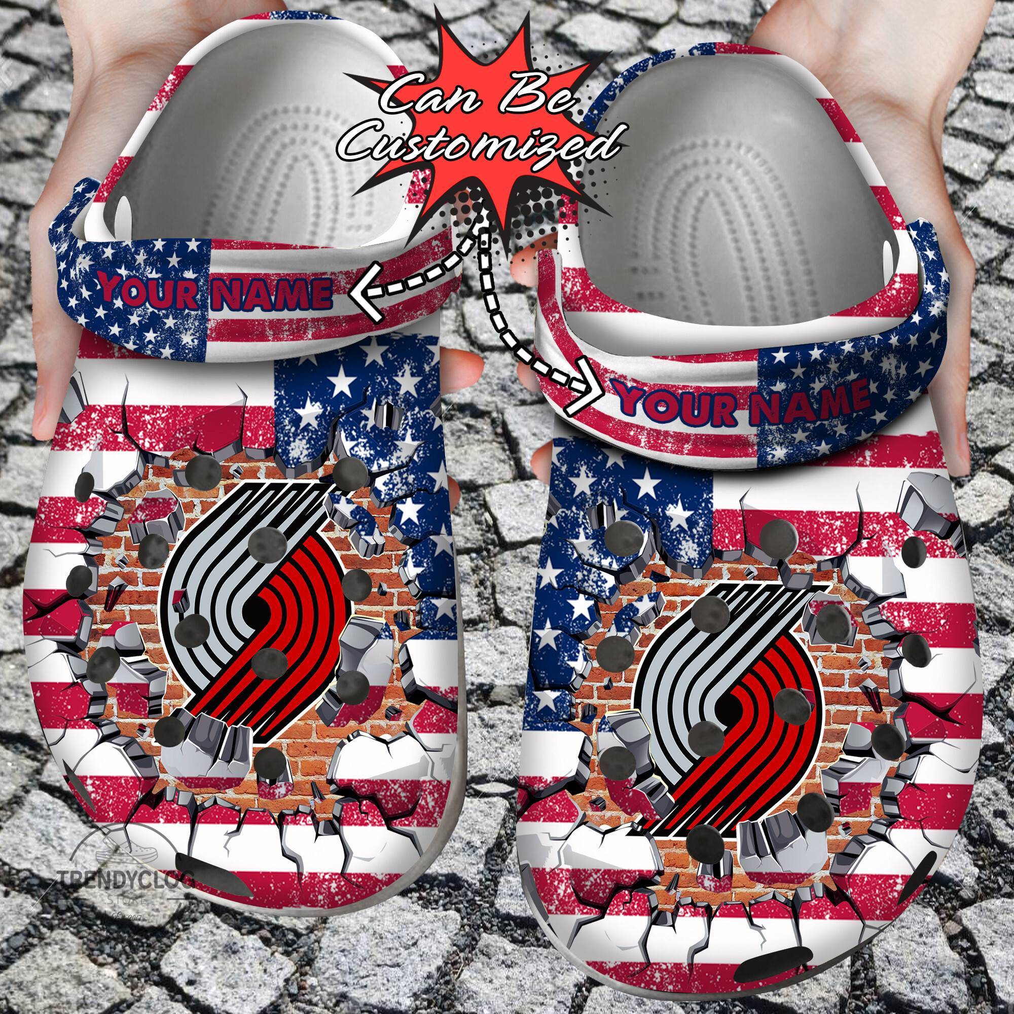 Basketball Crocss Personalized PTrail Blazers American Flag Breaking Wall Clog Shoes