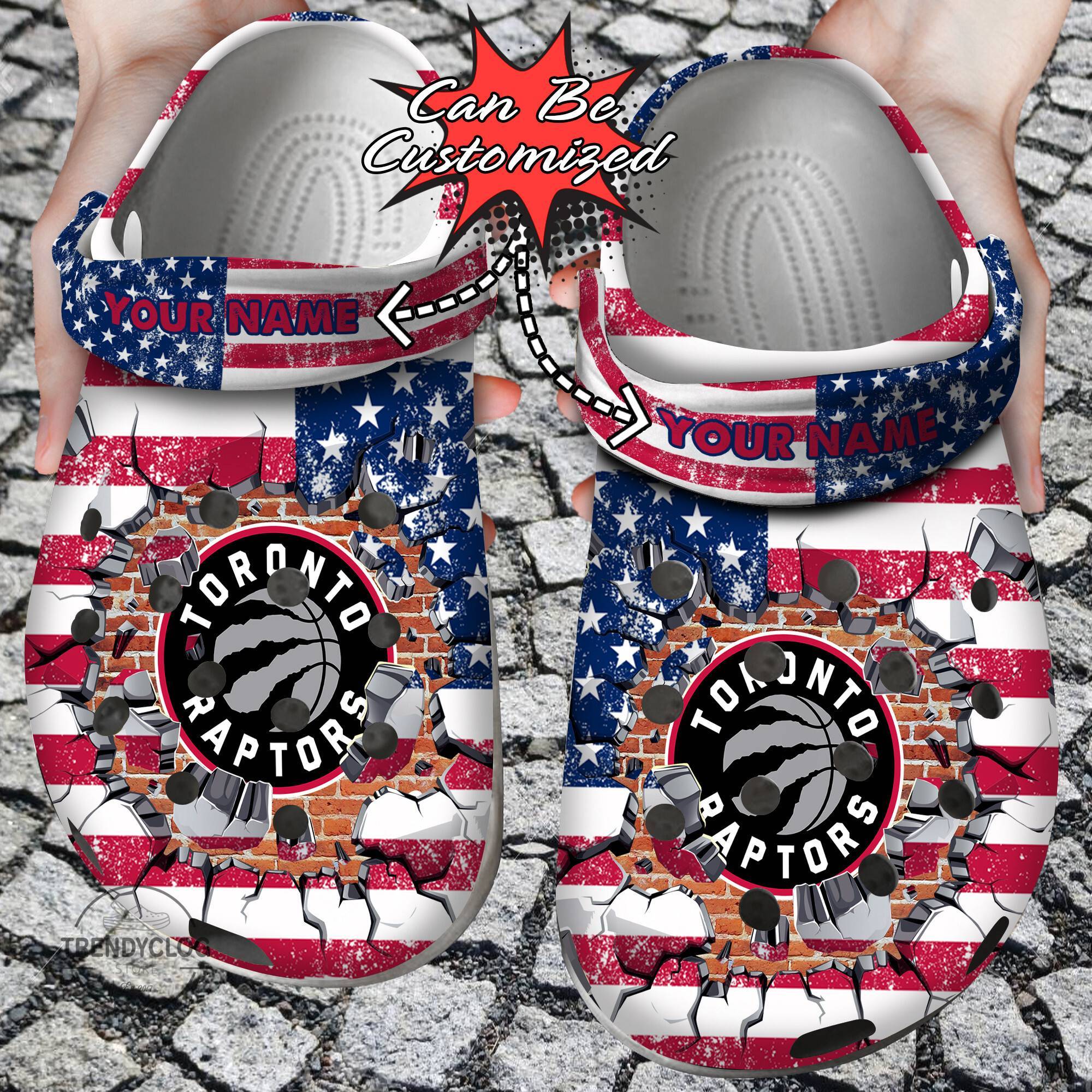 Basketball Crocss Personalized TRaptors American Flag Breaking Wall Clog Shoes