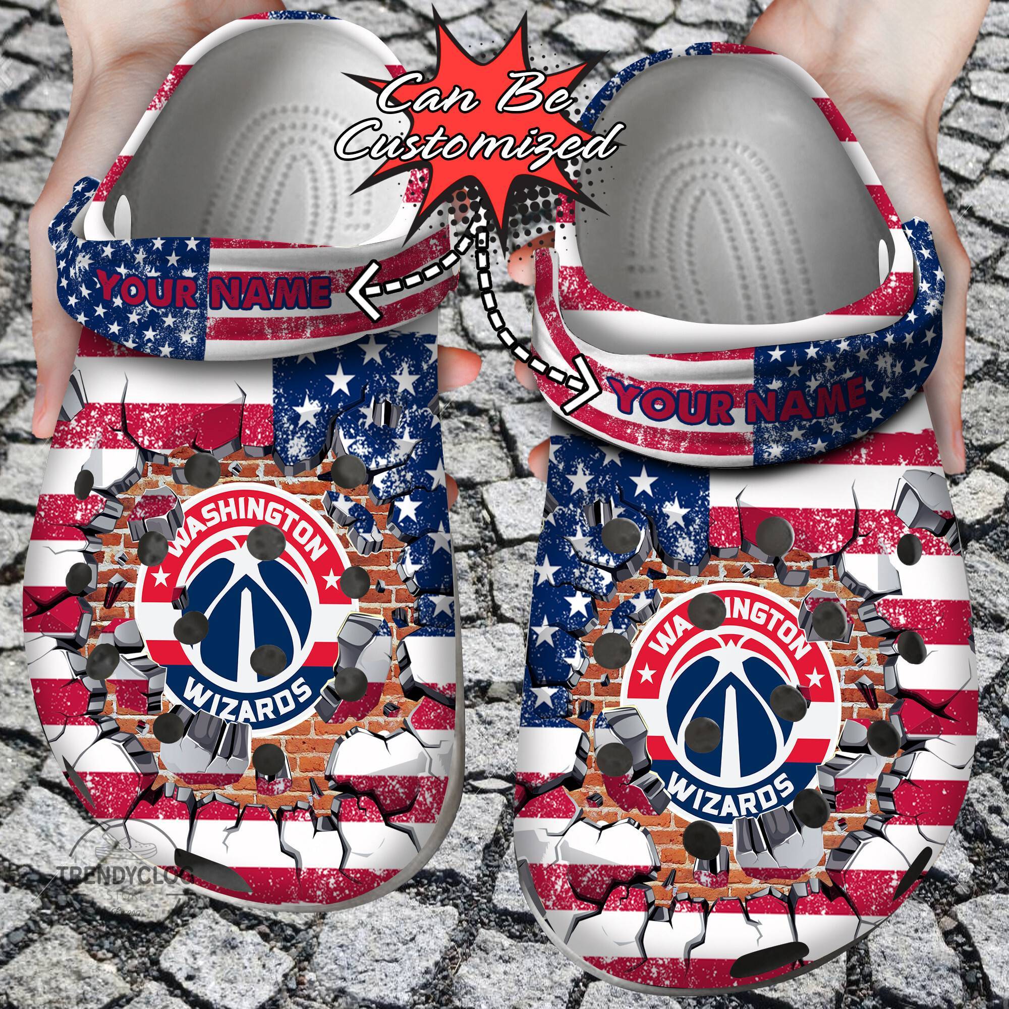 Basketball Crocss Personalized WWizards American Flag Breaking Wall Clog Shoes