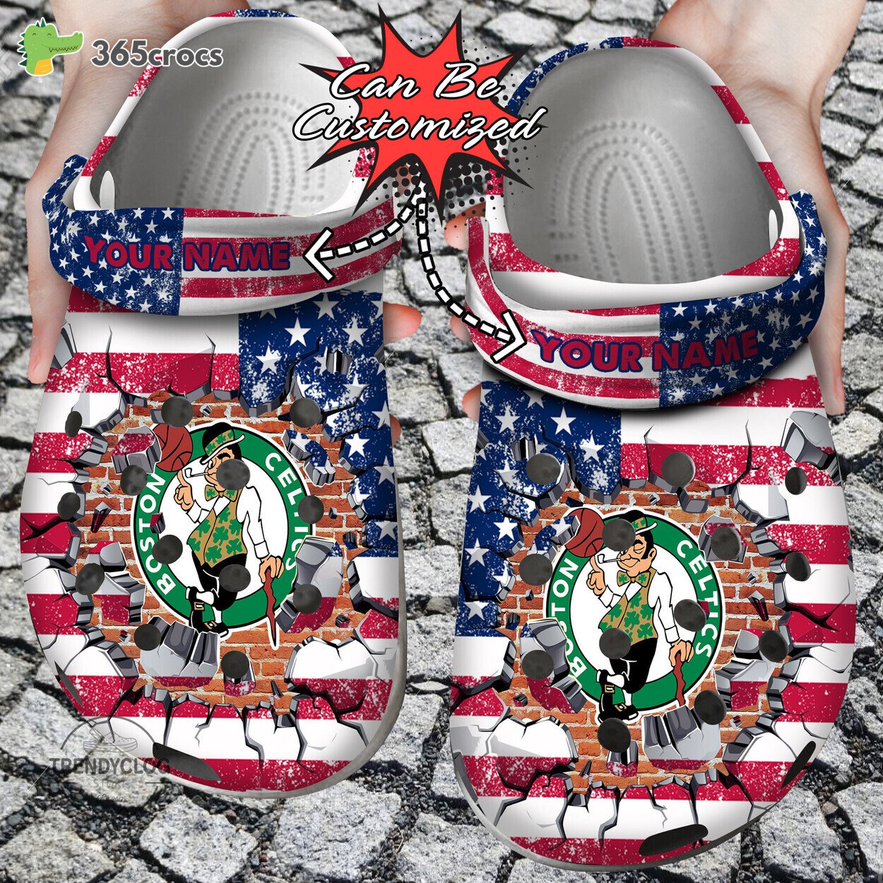 Basketball Personalized Boston Celtics American Flag Breaking Wall Clog Shoes