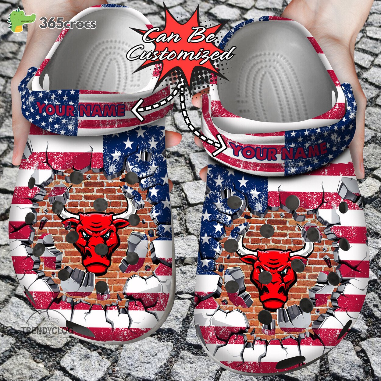 Basketball Personalized Chicago Bulls American Flag Breaking Wall Clog Shoes