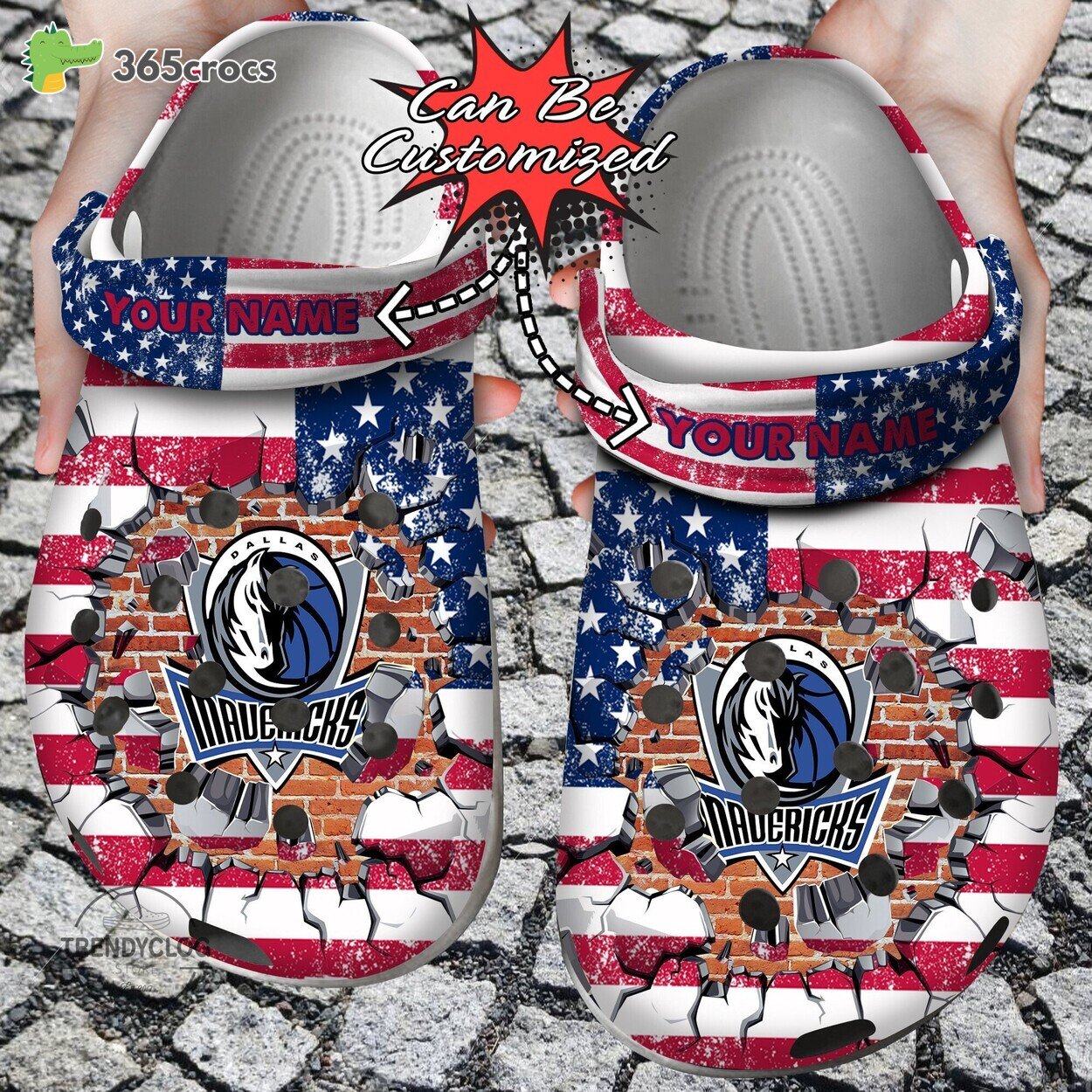 Basketball Personalized Dallas Mavericks American Flag Breaking Wall Clog Shoes