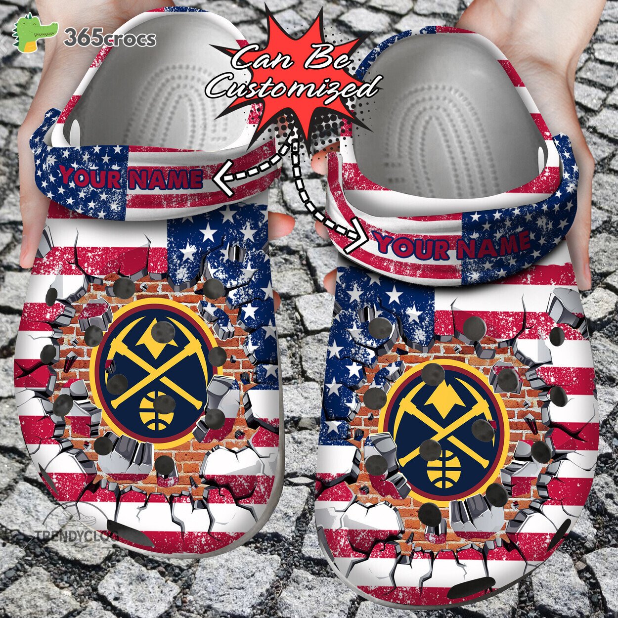 Basketball Personalized Denver Nuggets American Flag Breaking Wall Clog Shoes