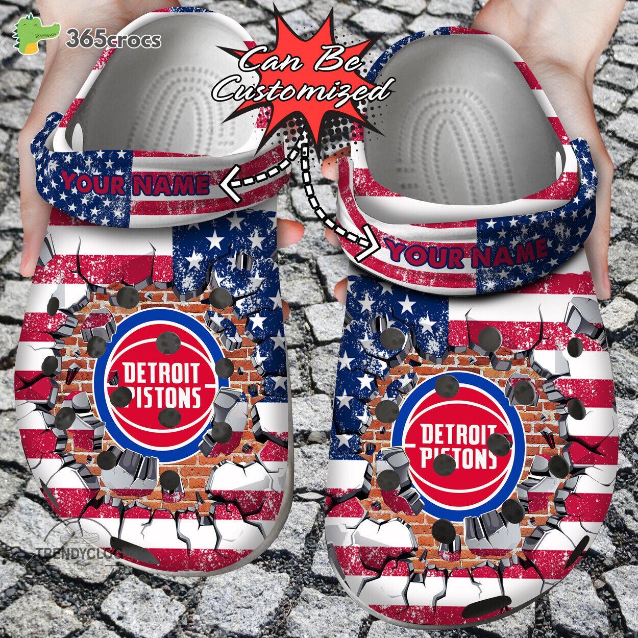 Basketball Personalized Detroit Pistons American Flag Breaking Wall Clog Shoes