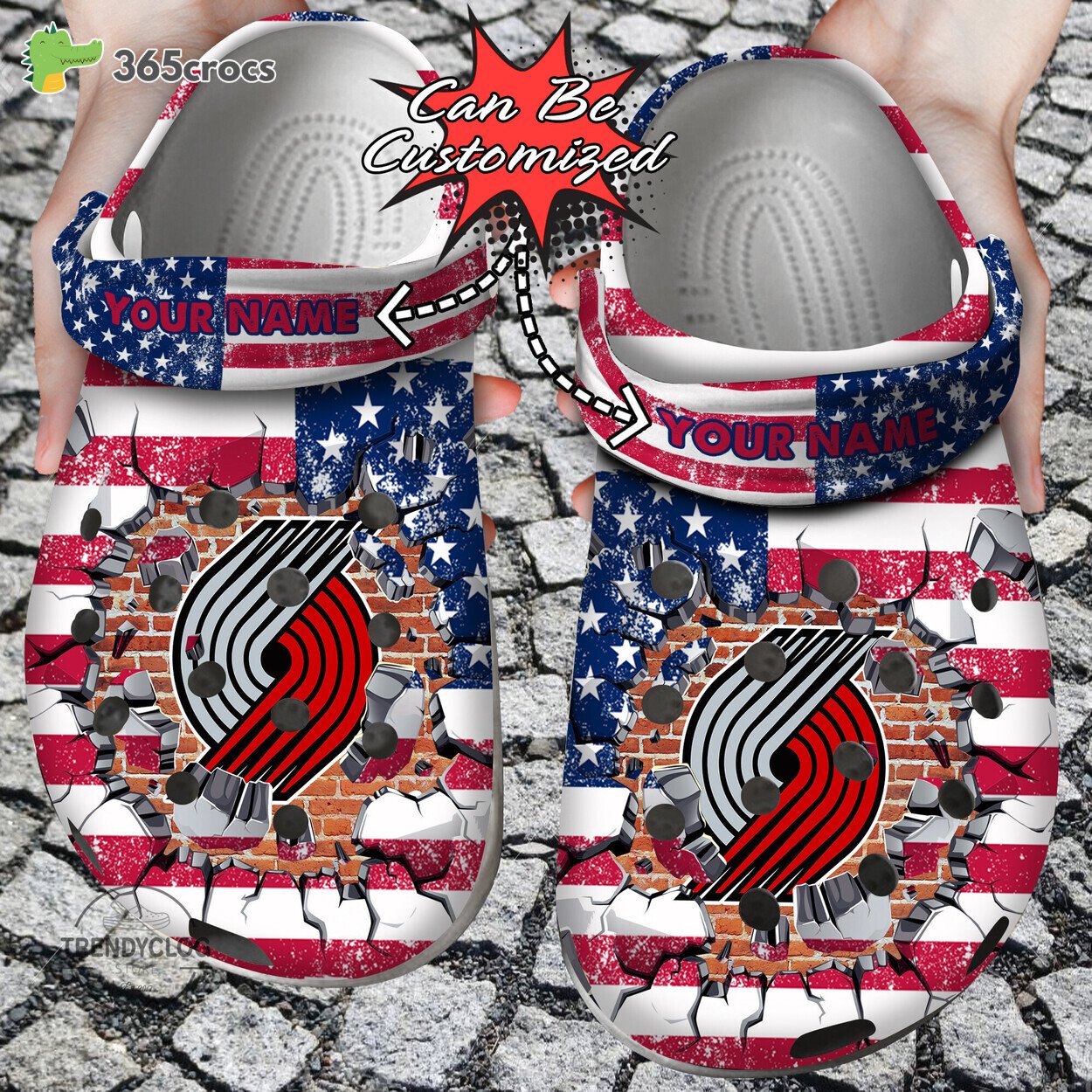 Basketball Personalized Portland Trail Blazers American Flag Breaking Wall Clog Shoes