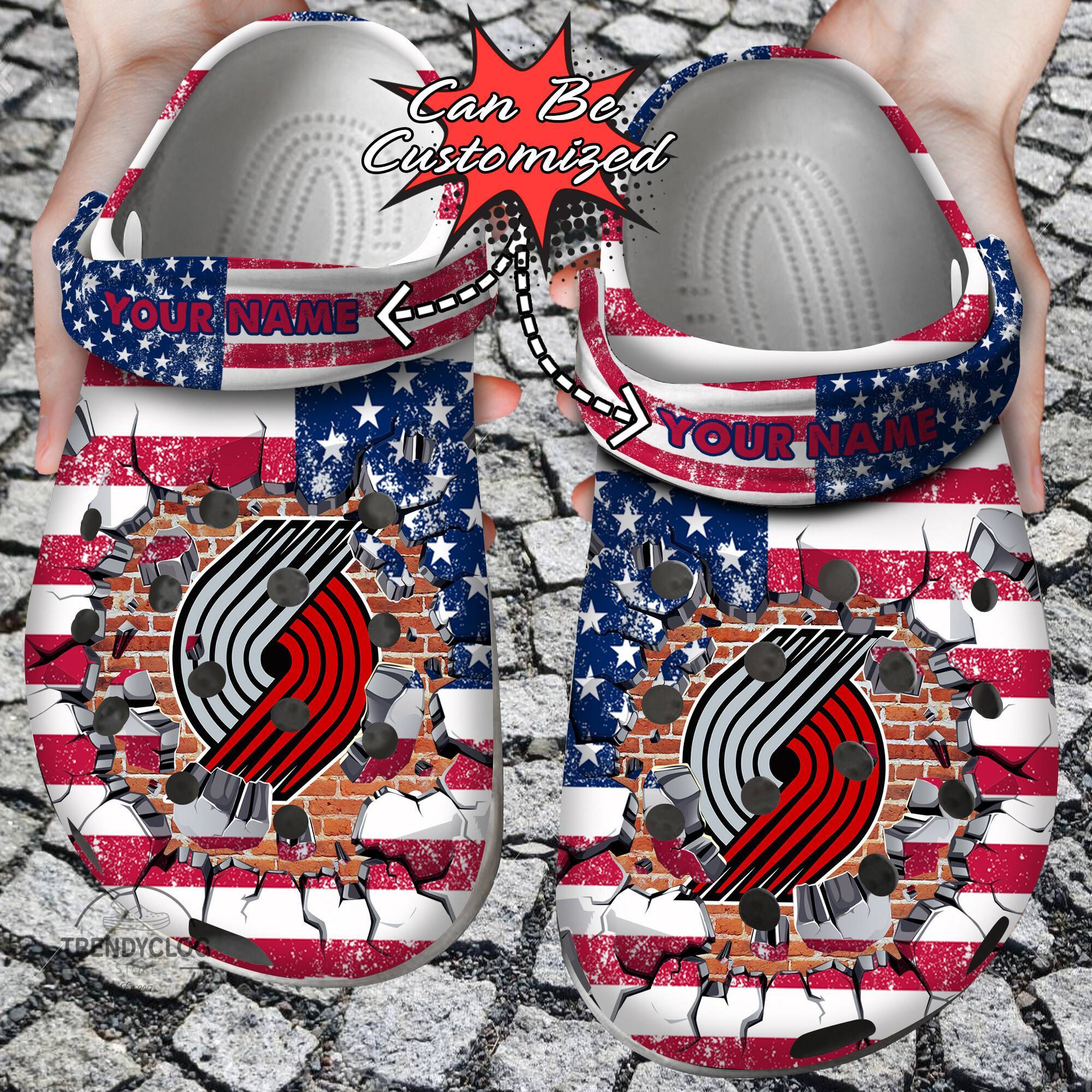 Basketball Personalized PTrail Blazers American Flag Breaking Wall Clog Crocss Shoes