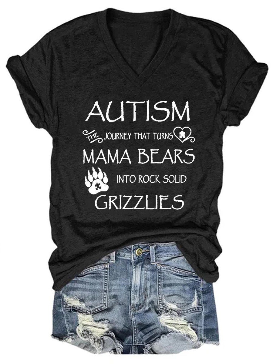 Women’S Autism The Journey That Turns Mama Bears Into Rock Solid Crizzlies V-Neck T-Shirt