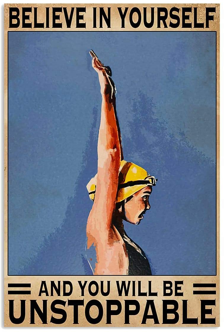 Vintage Swimmers Believe In Yourself You’Ll Be Unstoppable Poster Art Print      Home Decor Gift For Men Women Family Friend On Birthday Xmas