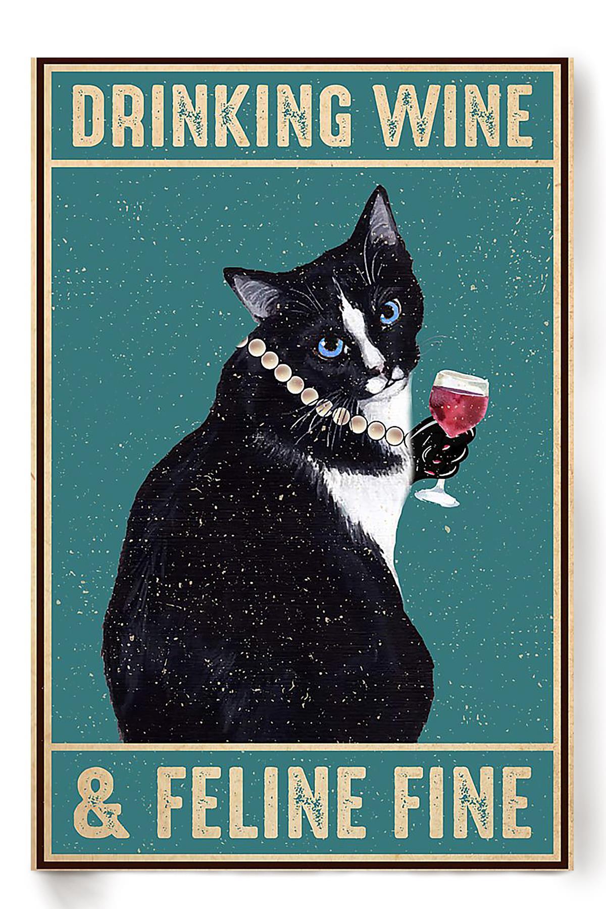 Cat Drinking Wine Feline Fine Animal Wall Art Gift For Cat Lover International Cat Day Kitten Foster Pub Decor Poster