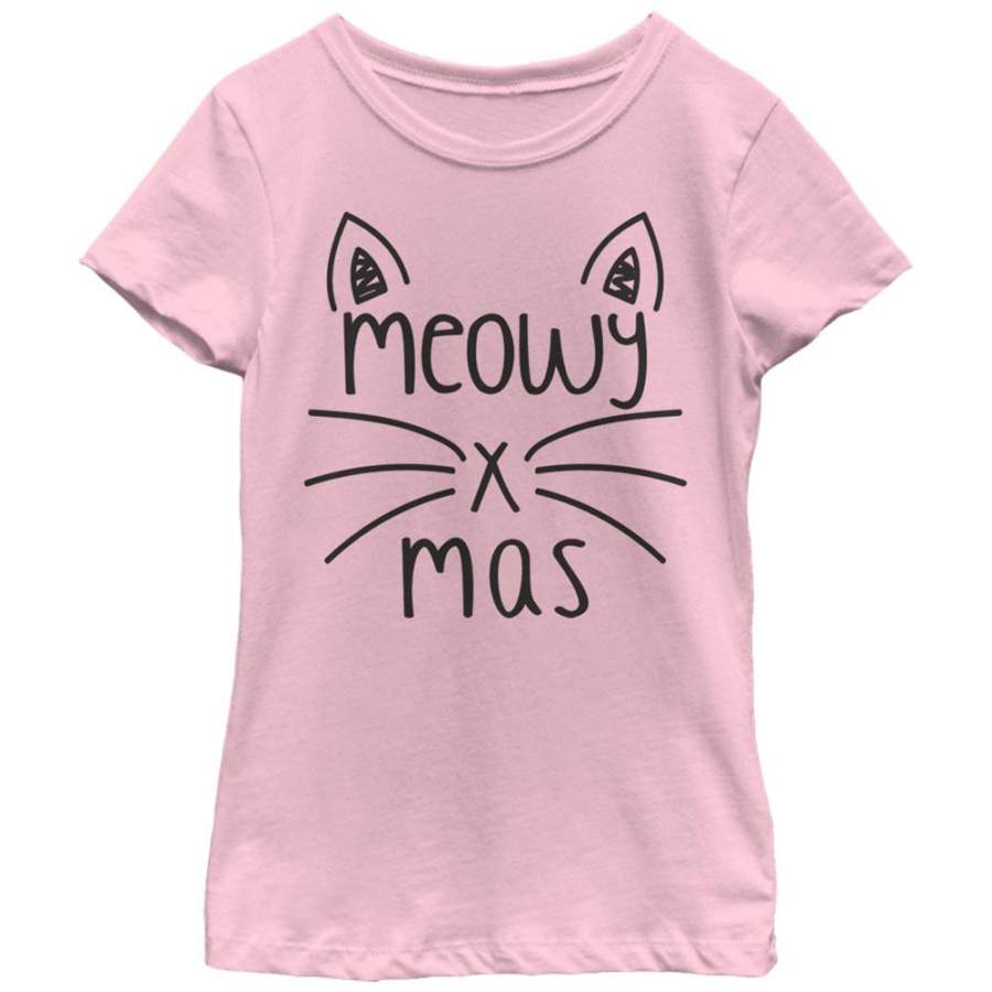 Lost Gods Girl’s Christmas Cat Meowy  T Shirt Light Pink XS