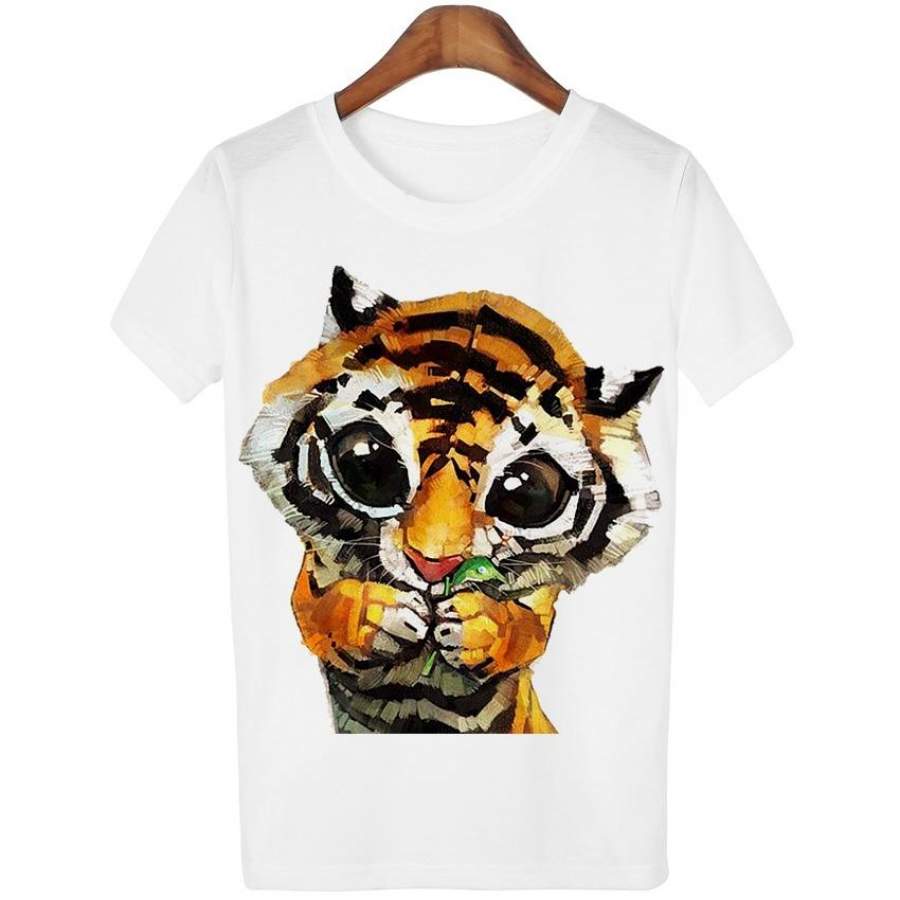 New 2017 Animal Tiger Tees Women T Shirt Cartoon Pug Print Short Sleeve Femme T-Shirts White Casual Loose Summer Tops