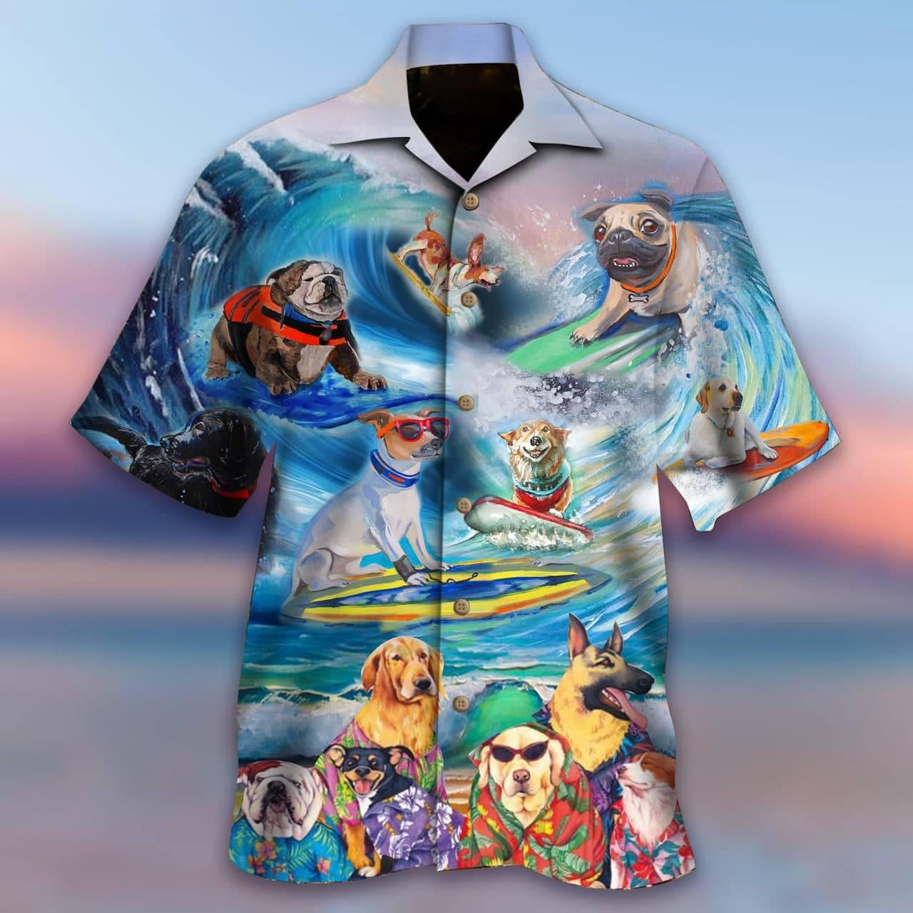 Puppies Surfing By The Beach Hawaii Shirt For Men Women Adult Ha12386