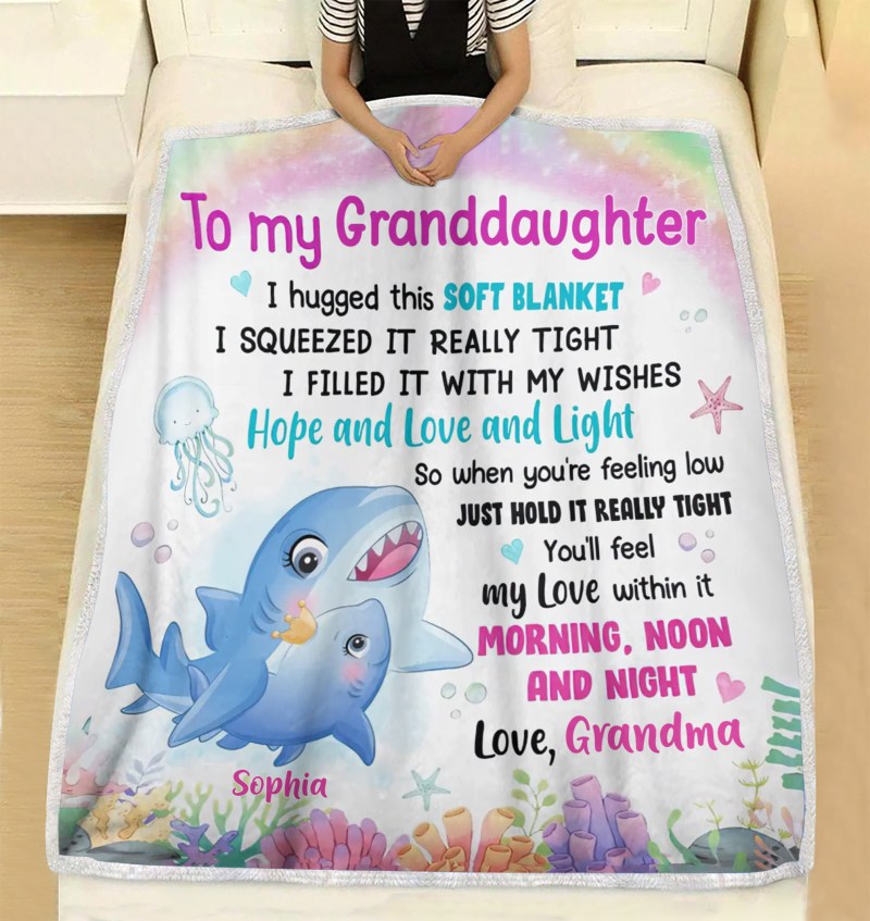 Personalized Custom Grandma & Grandkid Sea Animal Fleece Blanket, Gift Idea For Granddaughter/Grandson, To My Granddaughter, I Hugged This Soft Blanket