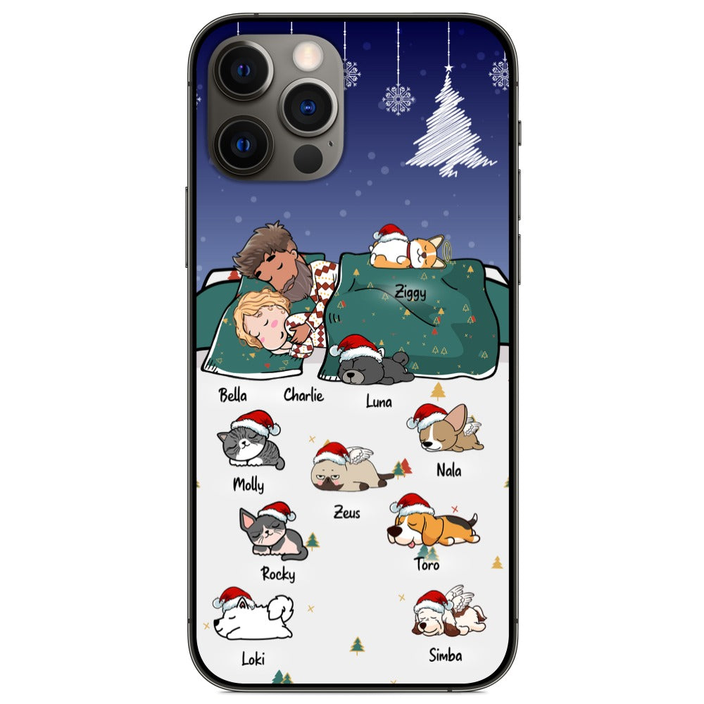 Custom Phone Case For Pet Lovers – Christmas Gift – Mom & Dad With Lazy Pets – Up To 9 Pets/Dogs/Cats – Furlidays