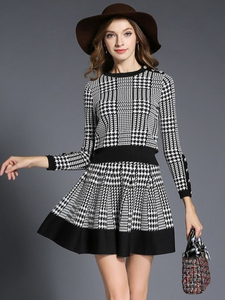 Autumn Winter Plaid Sweater Skirt Suit Women 2 Piece Set Long Sleeve O Neck Button Knitted Skirt Set Crop And A Line Skirt alx