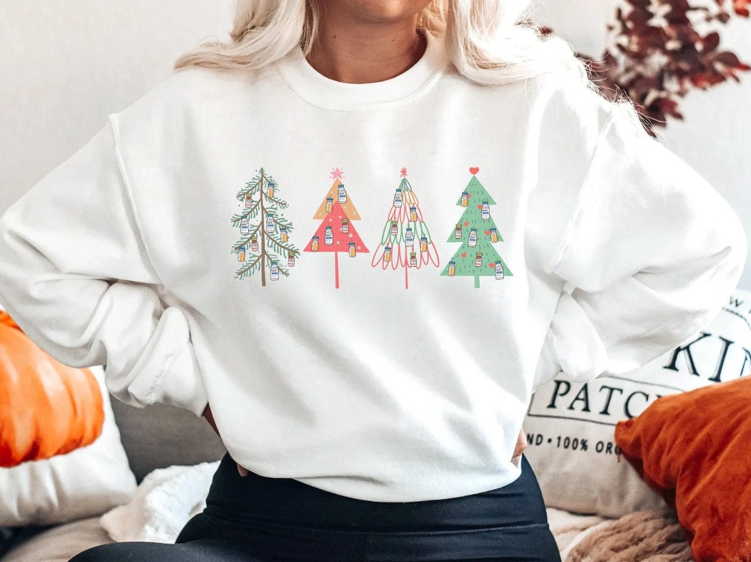 Pharmacist Nurse Christmas Crewneck Sweatshirt, Xmas Trees CRNA Rn Anesthetist Sweater, ICU Nurse Pharmacy Tech Holidays Shirt Gift