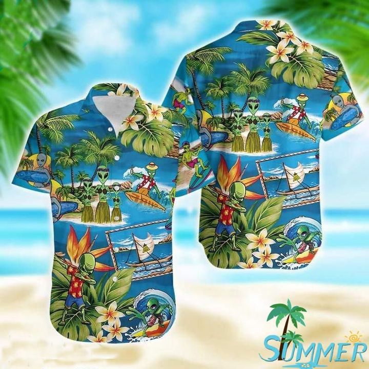 Alien Summer Tropical Hawaii Graphic Print Short Sleeve Hawaii Casual Shirt Ha7212