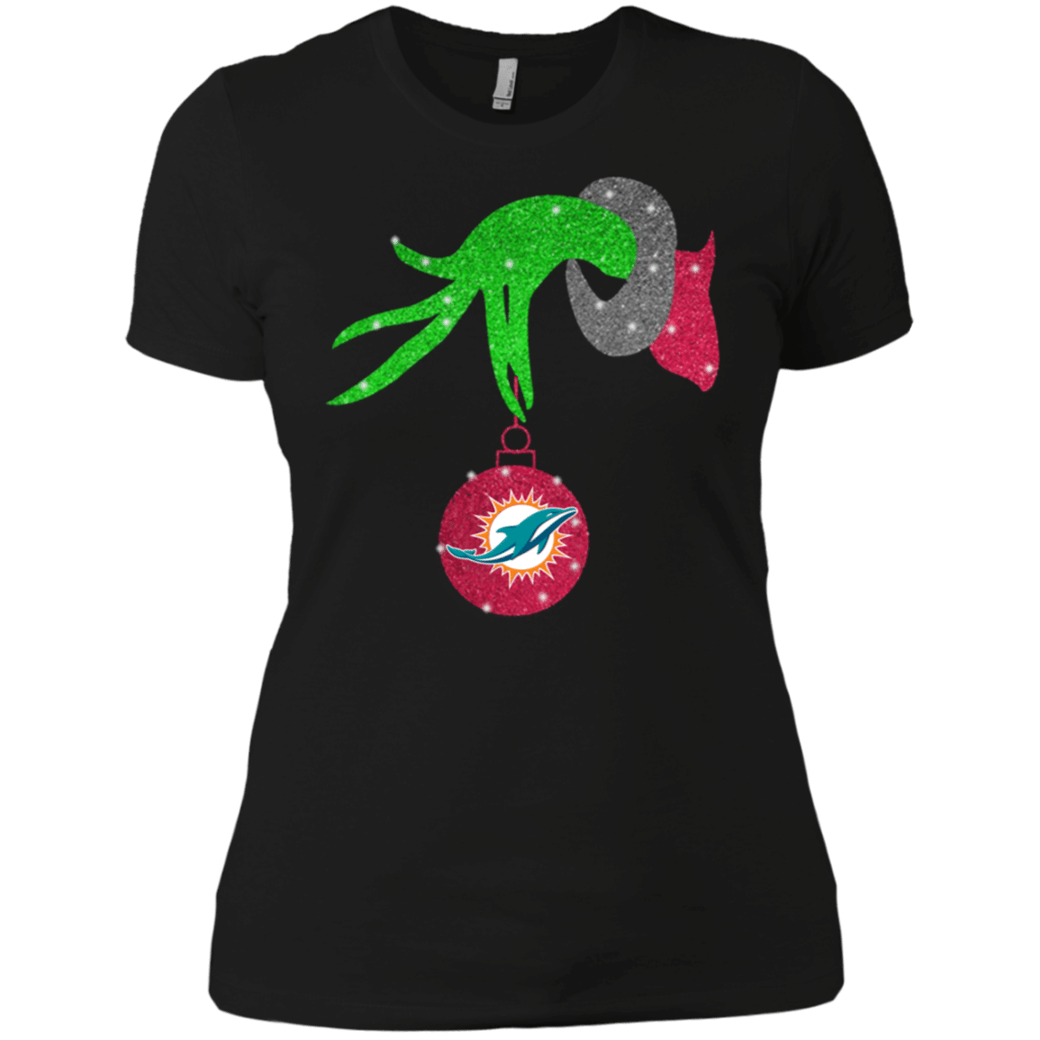 Check Out This Awesome Grinch Hand Holding Miami Dolphins Glitter Christmas Shirt Ladies’ Boyfriend Shirt