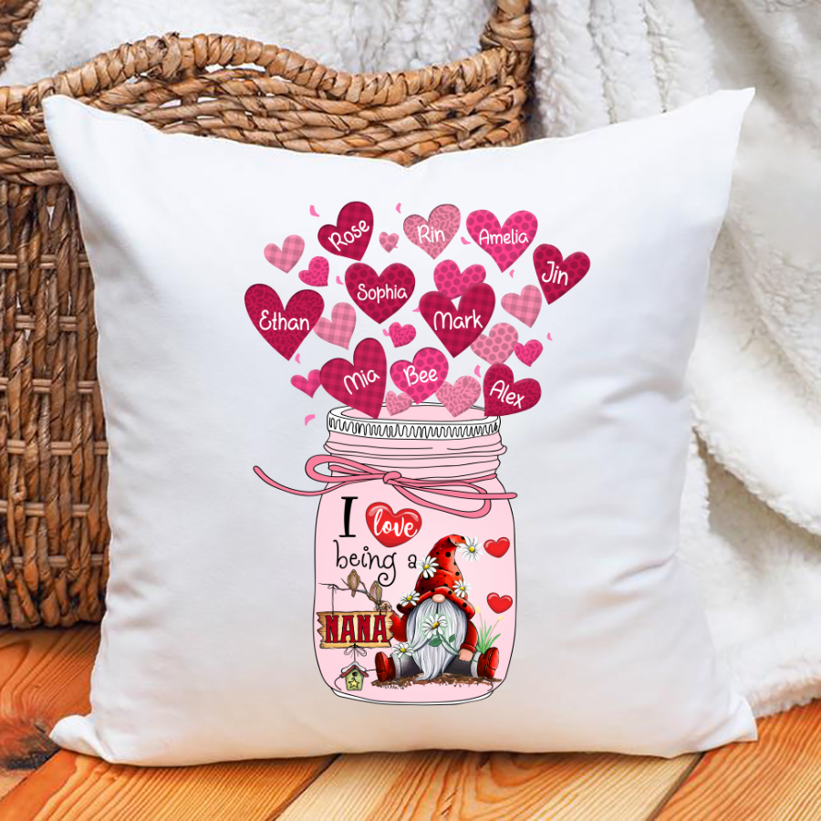 Personalized I Love Being Nana Gnome Hearts Pillow