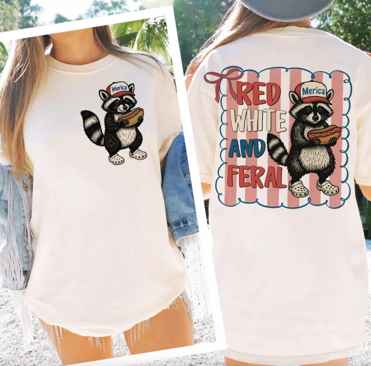 Red White And Feral Shirt, 4th of July Shirt, Raccon With Bow Tee, America Coquette Tshirt, Memorial Day Tee, Girly USA Tee, Independence Day Gift Top