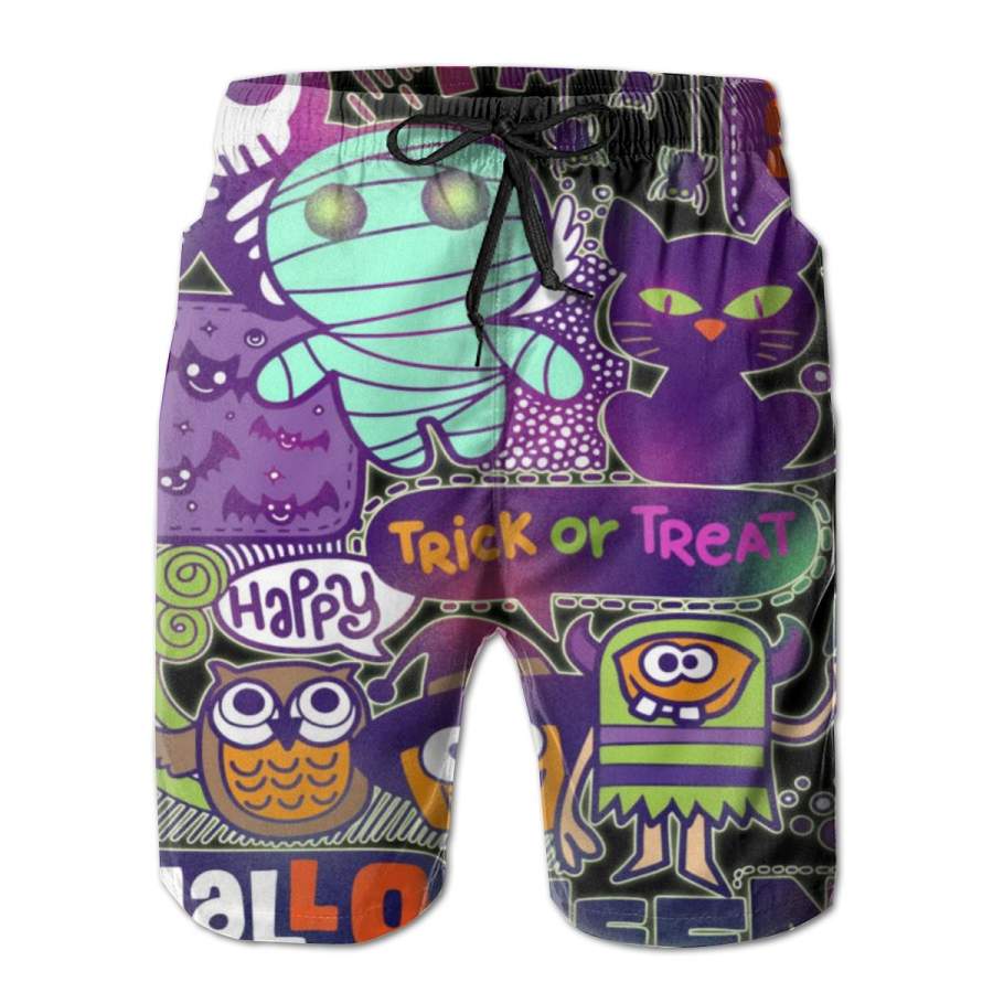 2 Pack Halloween Party Doodles Poster Men Swim Trunks Drawstring Elastic Waist Quick Dry Beach Shorts with Mesh Lining Swimwear Bathing Suits