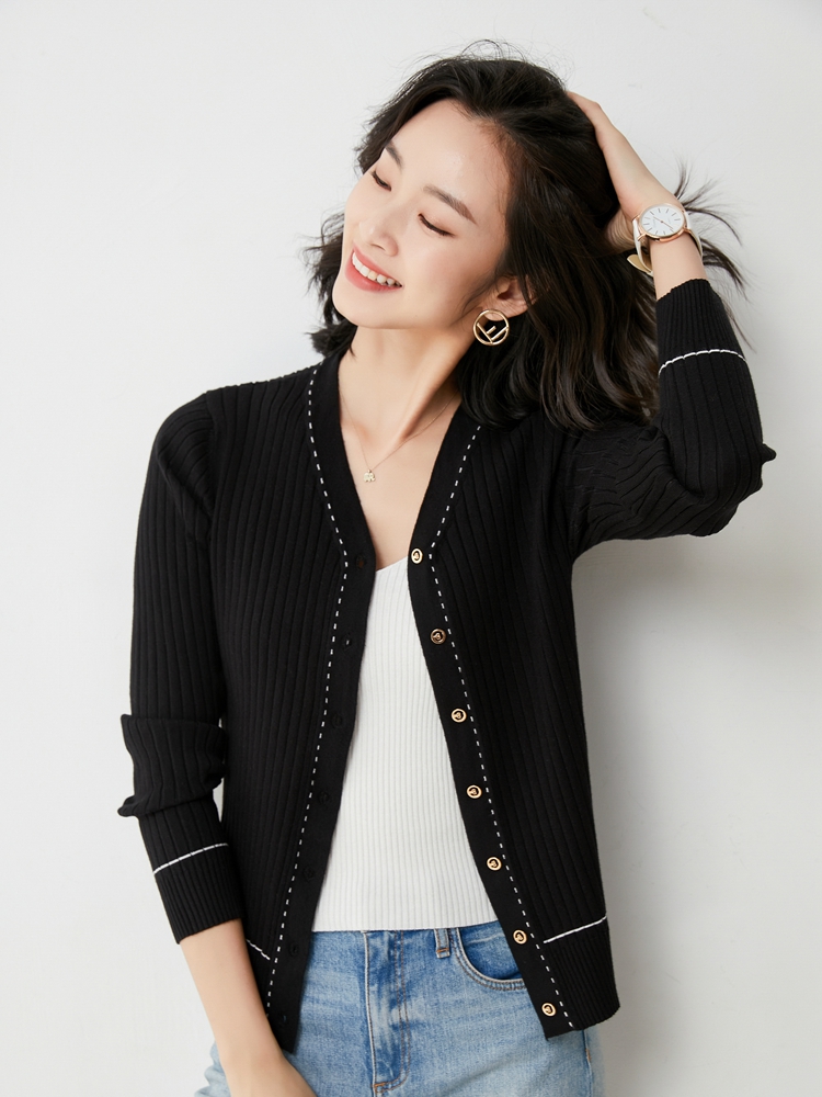 Spring And Summer New Wool Knitted Cardigan Ladies V-neck Color-blocking Long-sleeved Short Fashion Slim Coat Thin Sweater Top alx