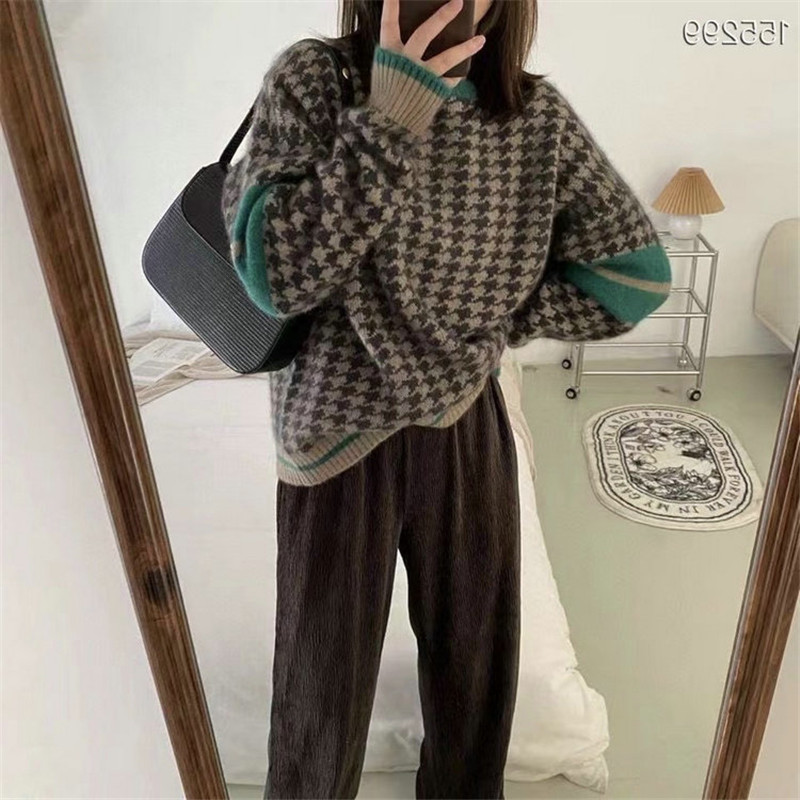 Vintage Houndstooth Sweater for Women Autumn Winter 2022 Trend Knitted Harajuku Cashmere Pullovers Tops Oversized Jumper I751 alx