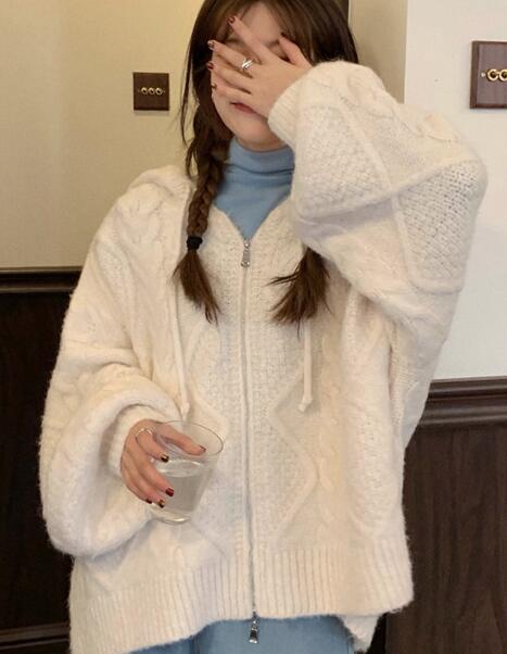 Women Autumn Winter Oversize Knitted Cardigan Casual 2022 Hooded Twist Sweater Zipper Long Sleeve Crochet Outerwear alx