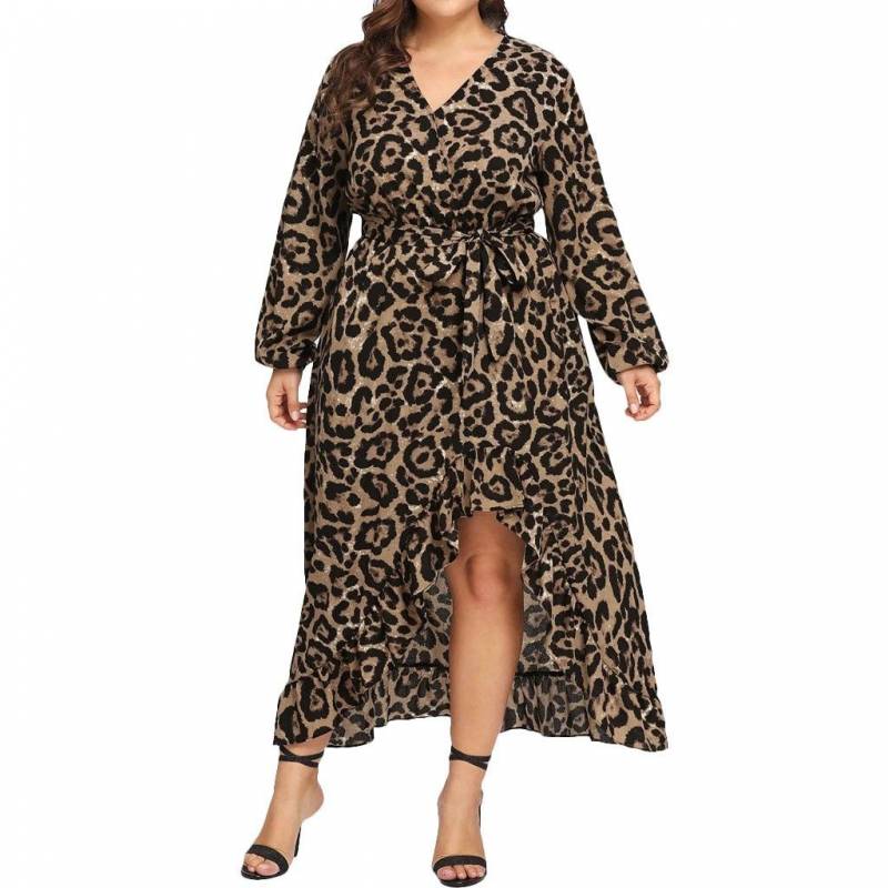 V-Neck Long Sleeve Ruffles Bandage Long Leopard Dress