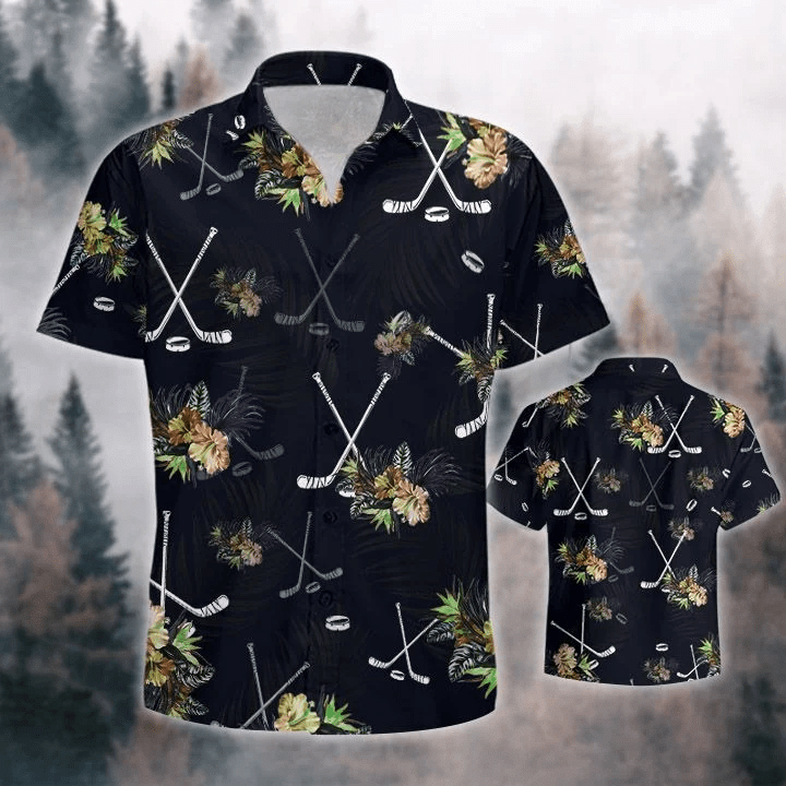 Simple Hockey Tropical Black Aloha Hawaii Shirts Ha27055