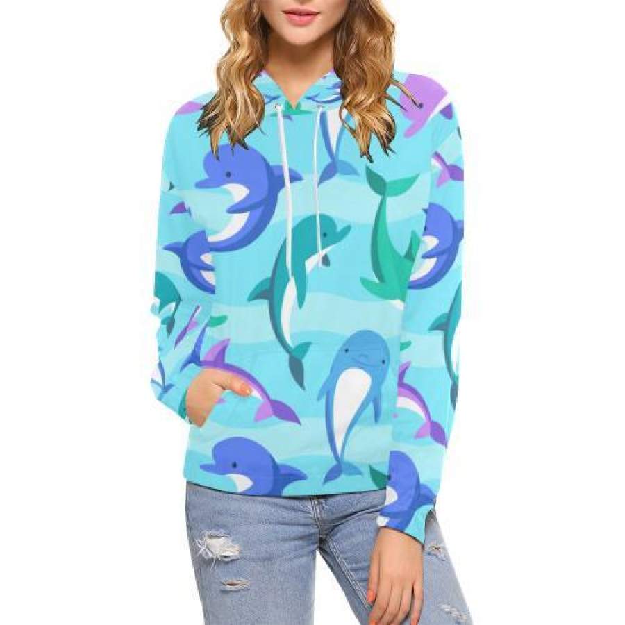 Colorful Dolphin Pattern Print Women Pullover Hoodie