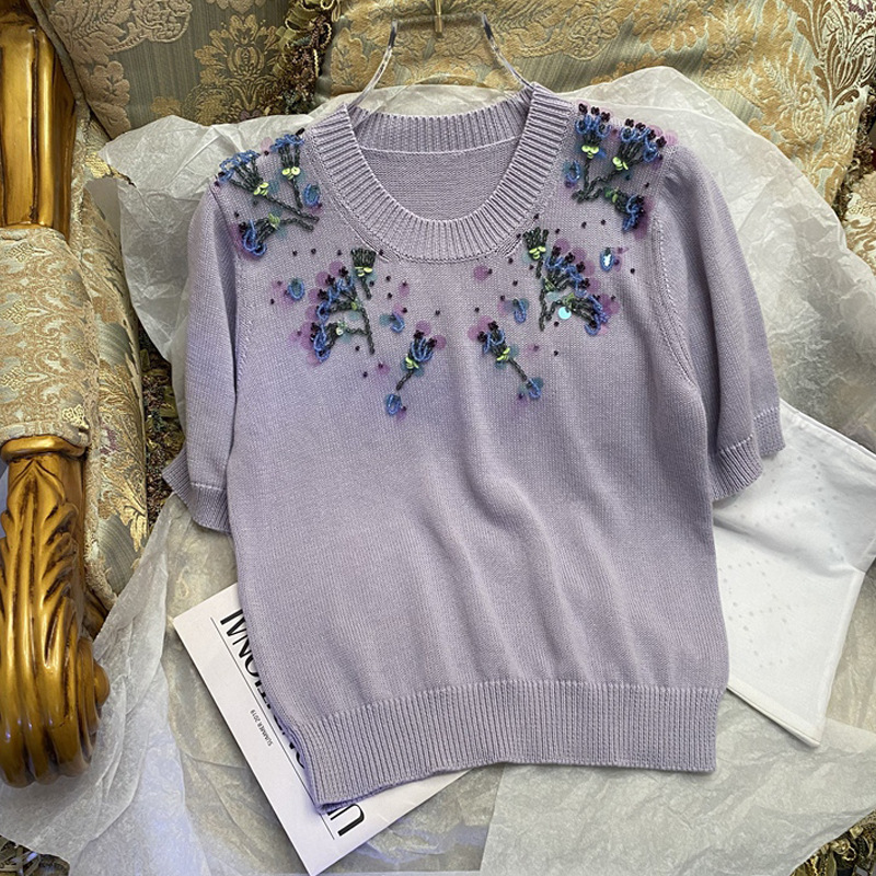 2022 Spring and Summer New Purple Beaded Sweater Women’s Short-Sleeved O-Neck Sequins Lavender Knitted Pullover Top Luxury Brand alx