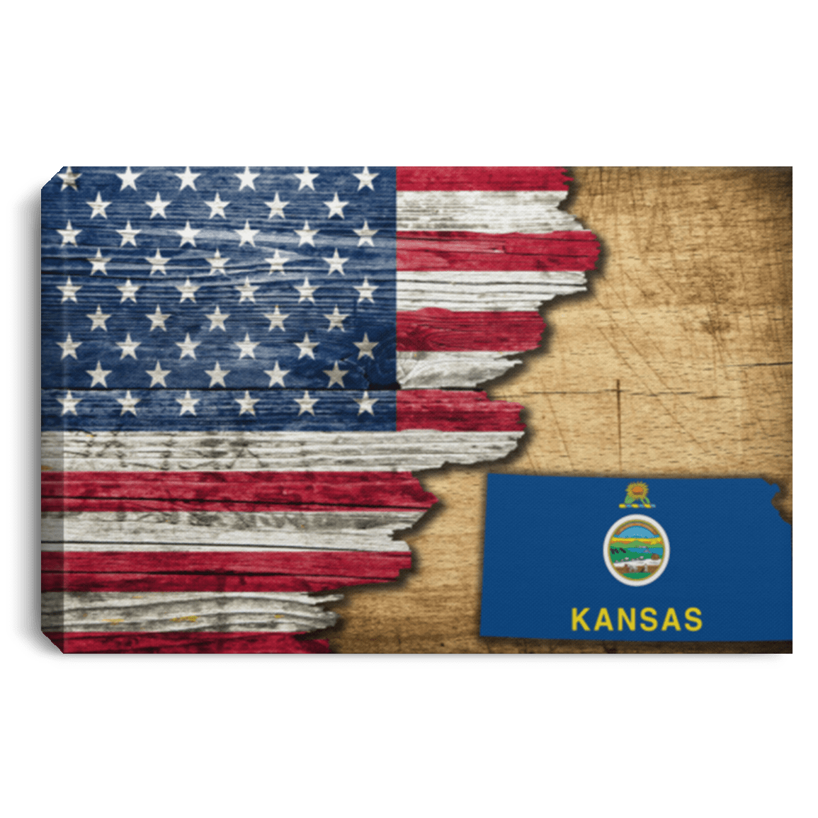 United States/Kansas Flag Ripped Effect 18X12 Inches Landscape Canvas .75In Frame