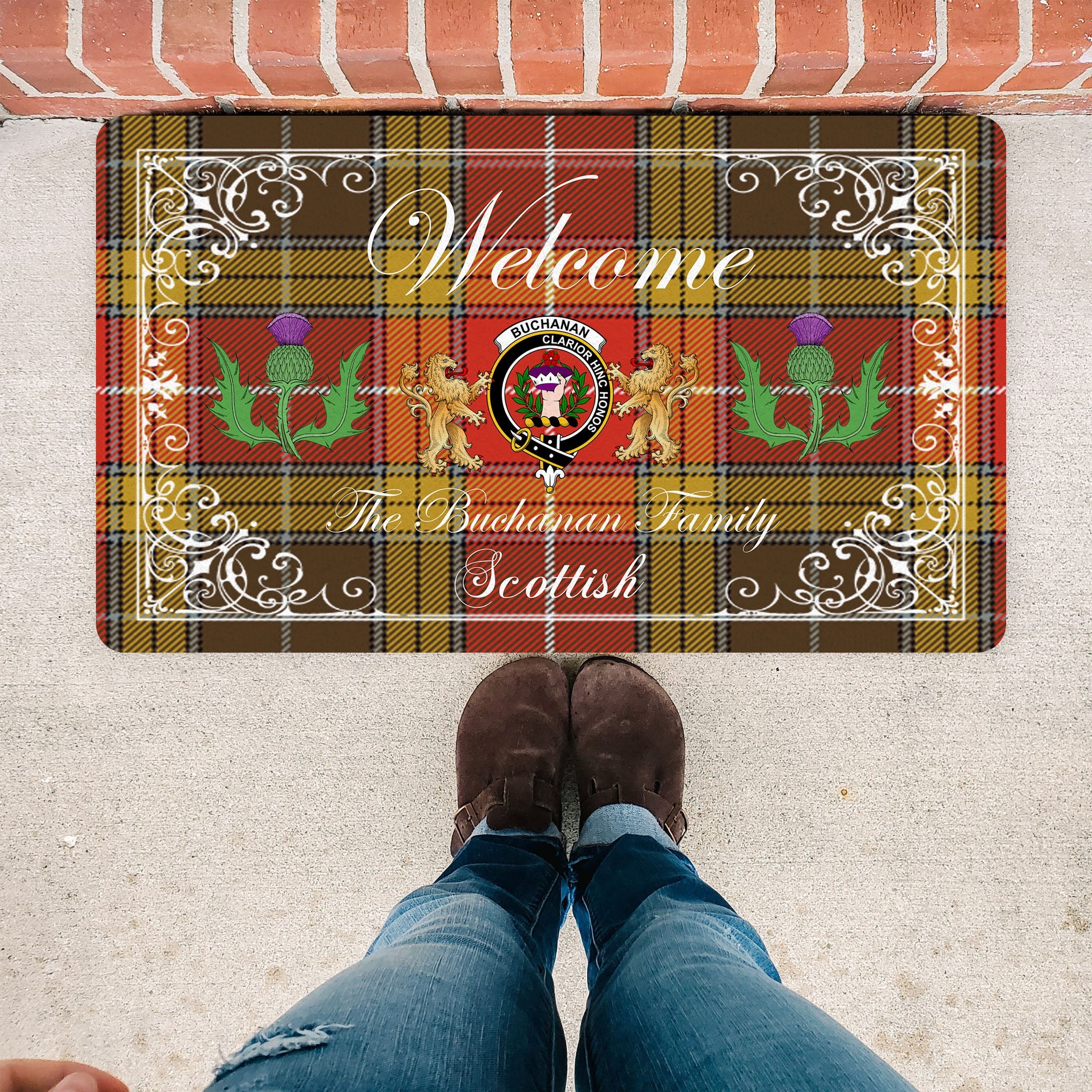 Scotstee Shop Tartan Door Mats Clan Buchanan Old Set Weathered Badge Tartan Thistle And Two Lion Scottish Plaid Doormat, Christmas Door Mat Gift