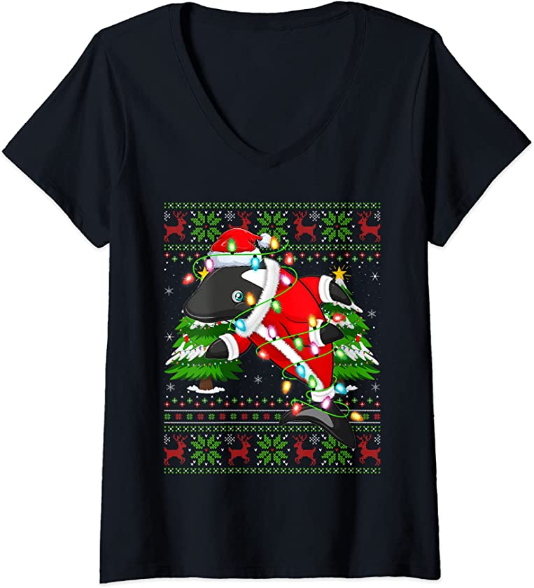 Womens Orca Lover Xmas Lights Ugly Santa Orca Christmas V-Neck T-Shirt