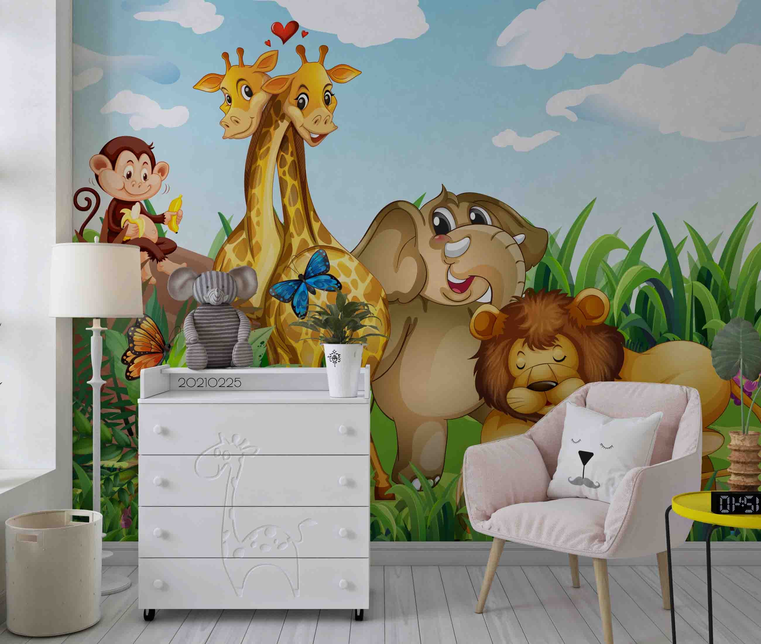 3D Tropical Jungle Animal Giraffe Elephant Wall Mural Wallpaper Lqh 251