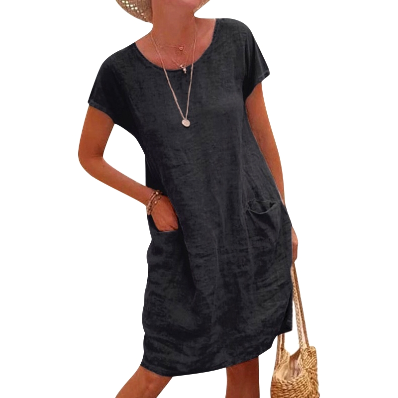 Women Fashion Leisure Loose Dress Fitting Cotton Linen Shirt Pullover Blouse alx