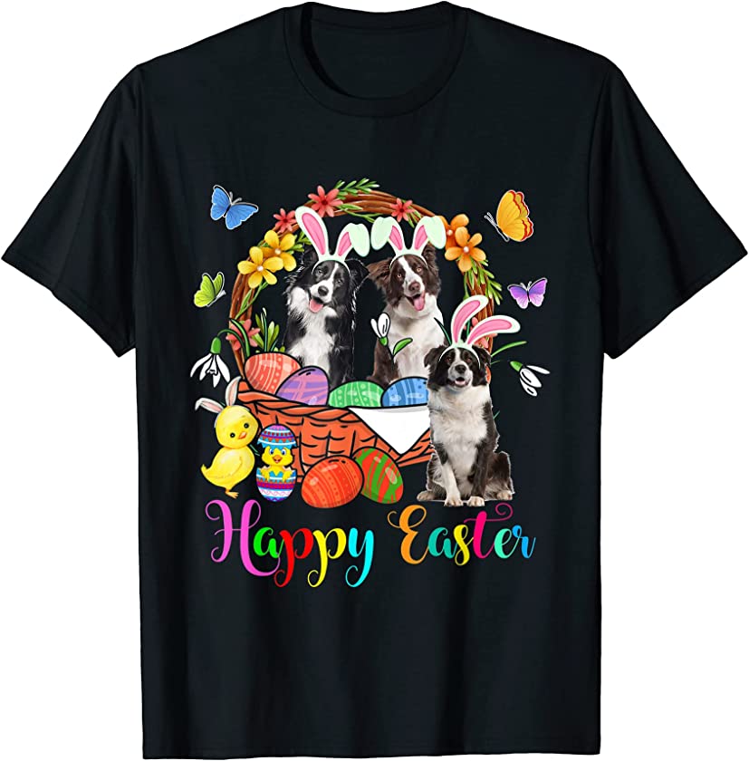 Three Bunny Border Collie Dogs In Easter Eggs Basket T-Shirt