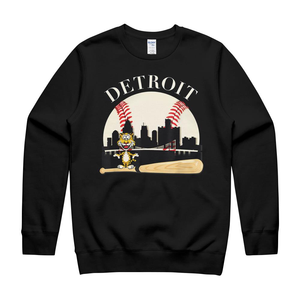 Detroit Baseball Tshirt Tiger Mascot And Skyline Design Crewneck Sweatshirt