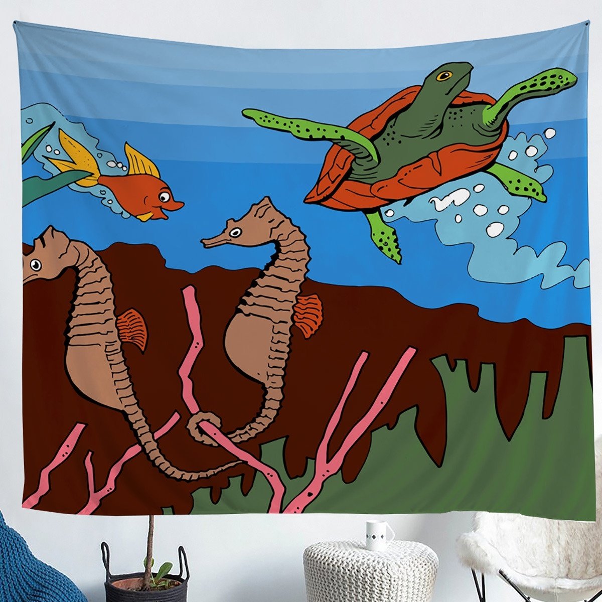 Underwater World Wall Hanging for Kids Room Bedroom Living Room, Hippocampus Fish Sea Turtle Printed Wall Blanket Ocean Animal Sealife Tapestry,S M L XL