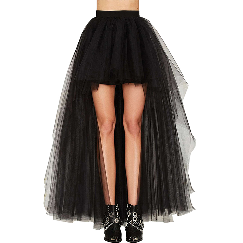 Women’s Gothic Punk Tulle Zipper Skirt Female Steampunk Long Ball Gown Black Mesh Shows Dance Party Skirts alx