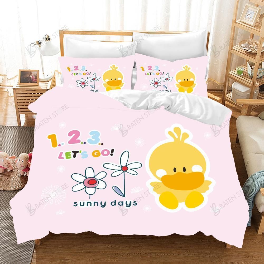 3D Cutie Yellow Duck Flowers Figure Bedding Set Bedroom Decor