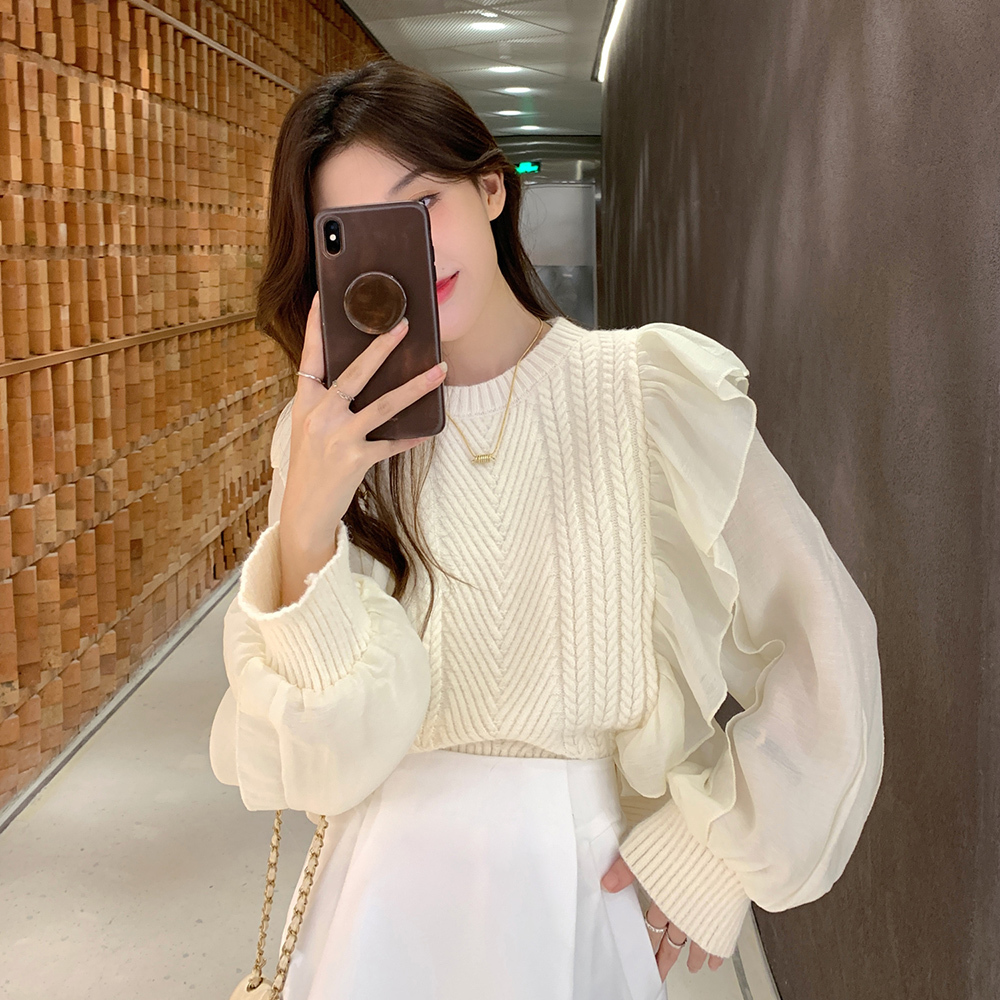 Chiffon Ruffled Sweaters Women’s Clothing 2022 Autumn and Winter New Fashion All-Matching Weave Round Neck Pullover Top alx