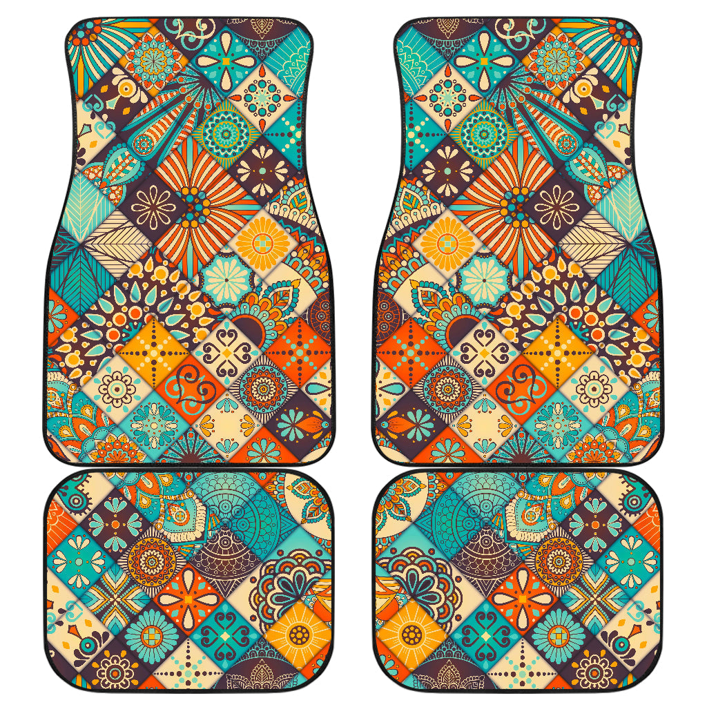 Vintage Mandala Bohemian Pattern Print Front And Back Car Floor Mats, Front Car Mat