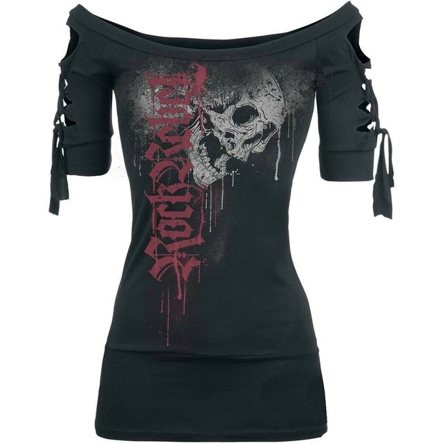 Women's Fashion Skull Printed Cool Black T-Shirt Slash Slit Tops Plus ...