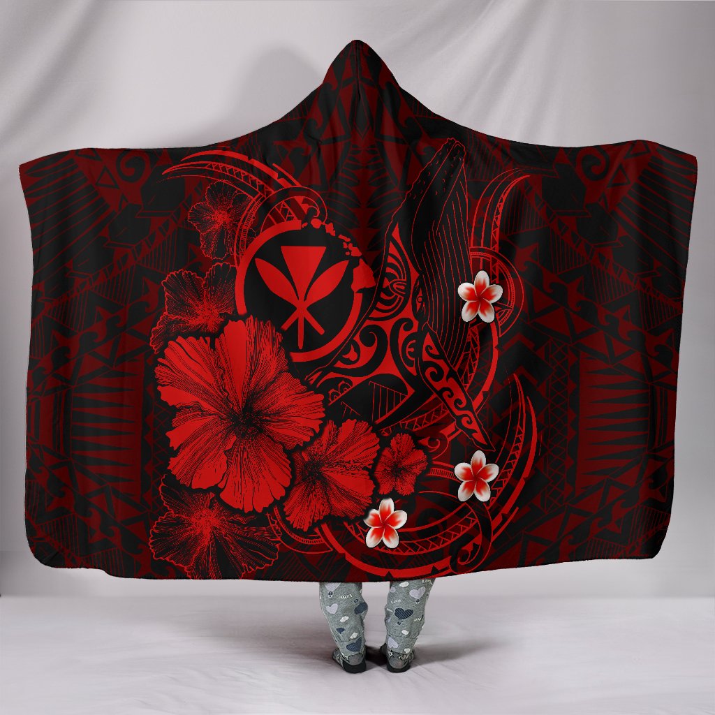 Polynesian Hawaii  Kanaka Maoli Hooded Blanket – Humpback Whale with Hibiscus (Red) – BN15