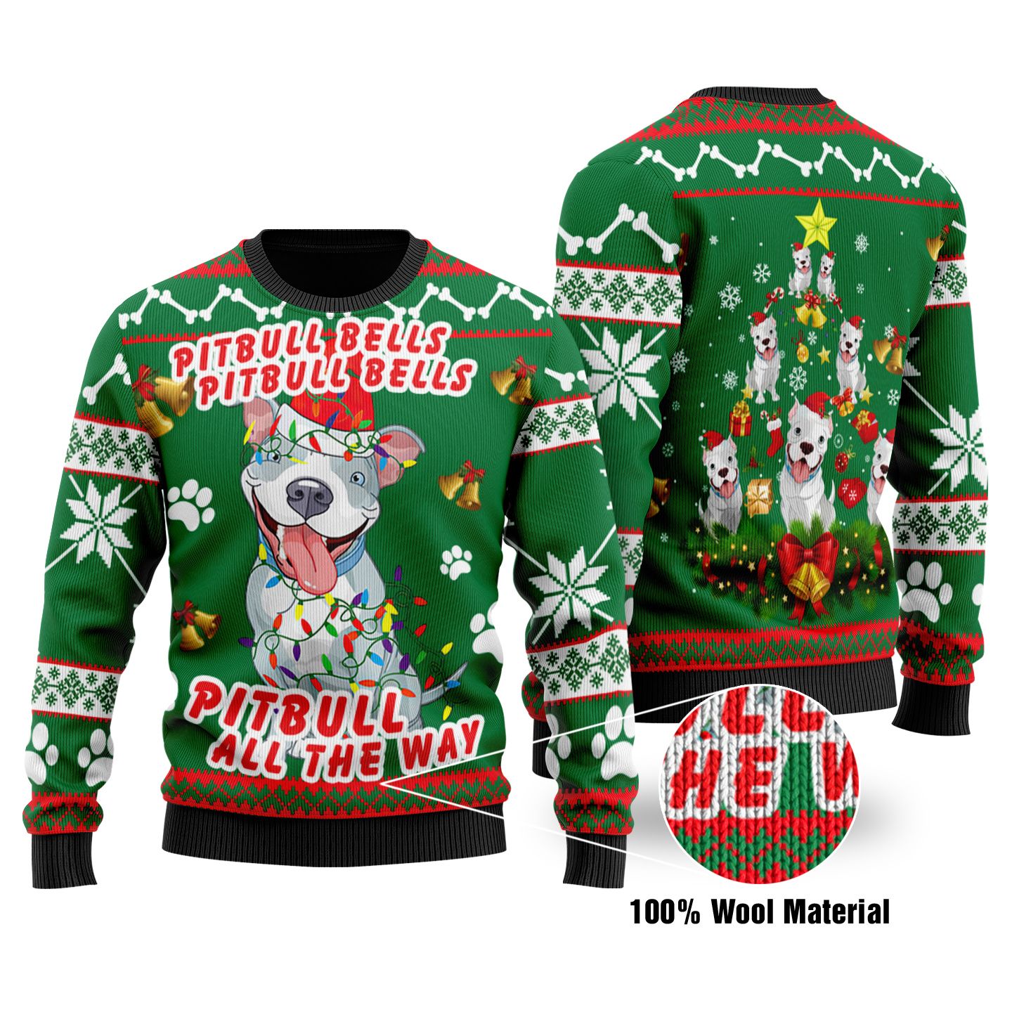 W Pitbull Bells, Pitbull All The Way Christmas 3D All Over Printed 100% Wool Material Sweater