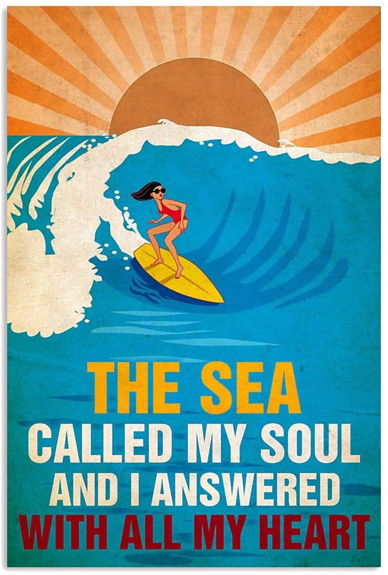 Vintage Girl Surfing – The Sea Called My Soul Answered With All My Heart Poster Art Print      Home Decor Gift For Men Women Family Friend On Birthday Xmas