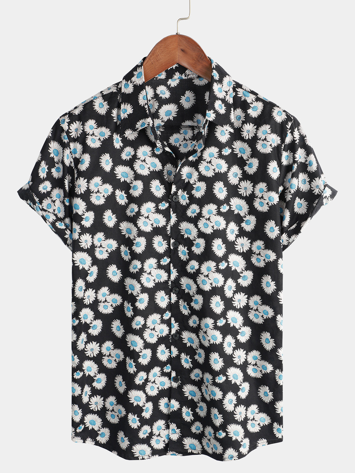 Summer Casual Black Daisy Flower Print Beach Short Sleeve Hawaii Shirt Ha7803