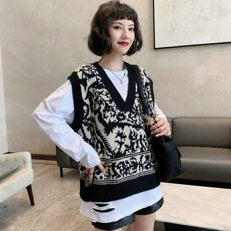 Sweater Vest Knitted Womens Harajuku Vintage V-Neck Korean Style Sleeveless Casual Loose Tops Elegant Lovely Ulzzang Female Hot alx